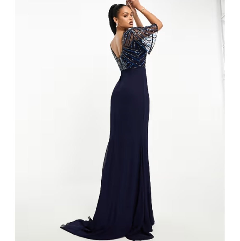 Virgos Lounge Women's Navy Blue Donatella Sequined Long Formal Dress UK 12 US 8
